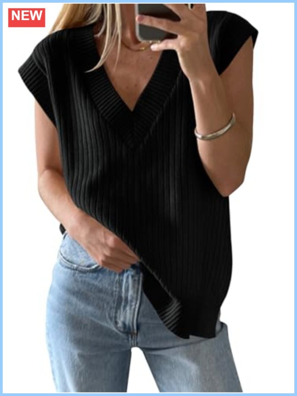 Sleeveless Ribbed Knit Sweater Vest V-Neck Oversized Pullover Tank Top